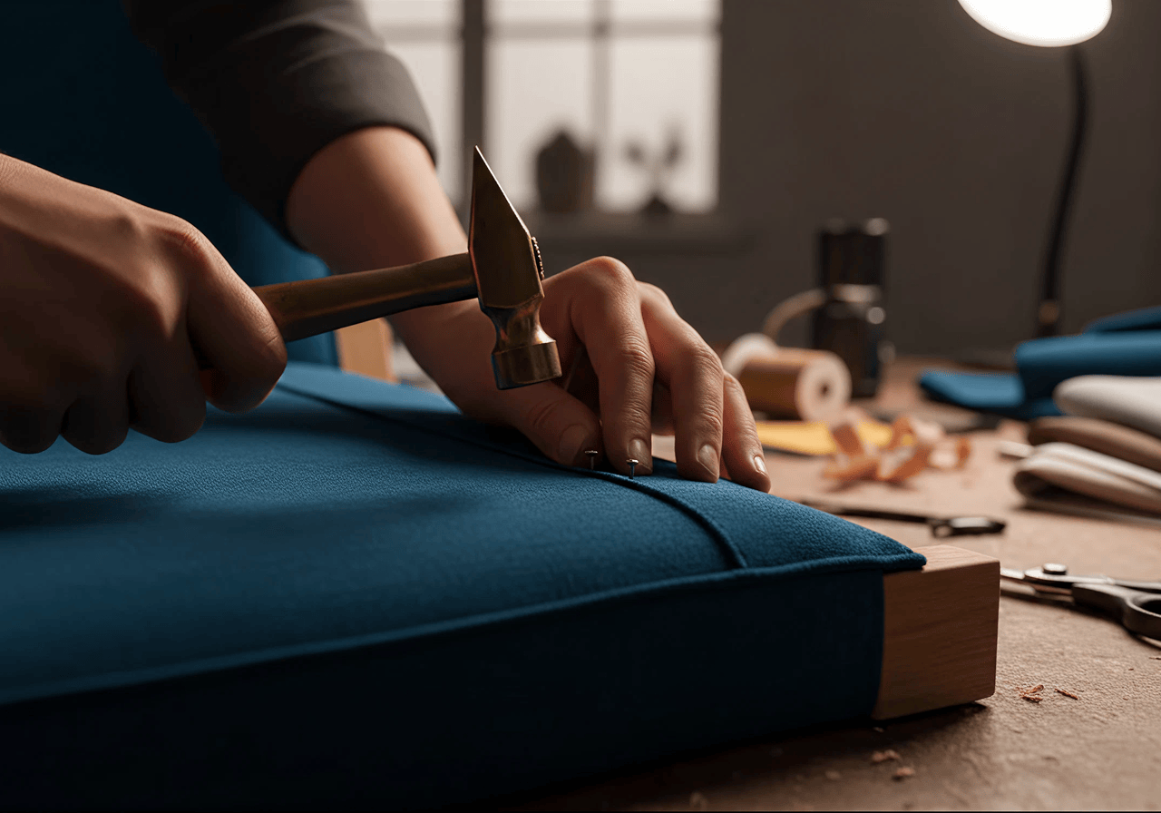 Furniture upholstery process — stapling fabric to a sofa frame